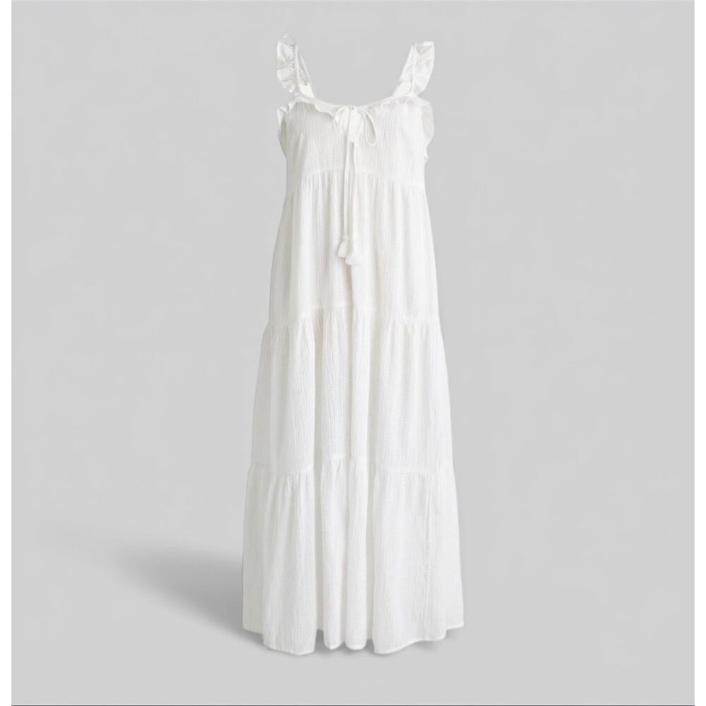 J. Crew Tiered Ruffle‎ Midi Beach Dress in Crinkle Cotton White Medium Resort
